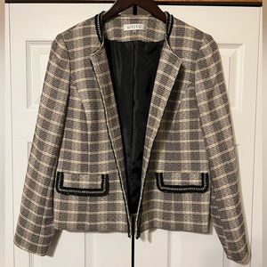Kasper – Jewel Neck Plaid Tweed Jacket Blazer – Size 14, Ivory Beige Gold Black
